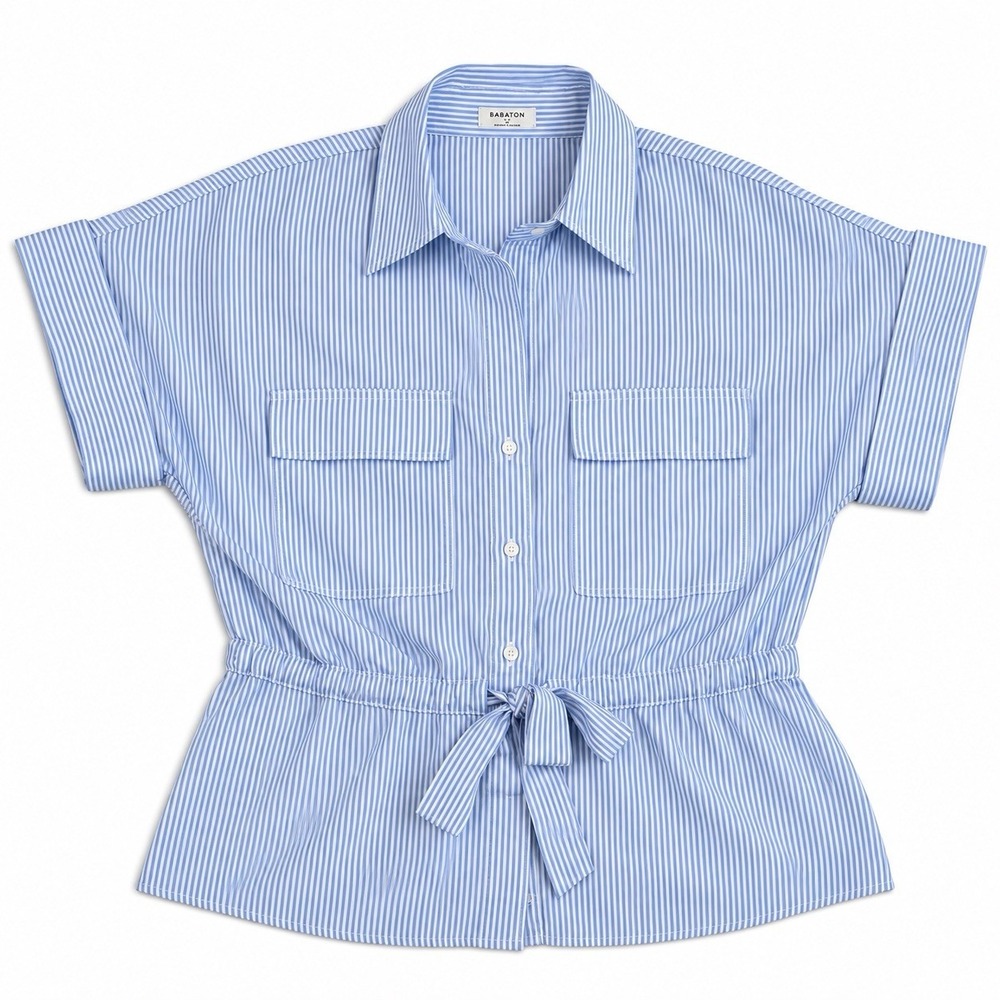 Babaton Garner Shirt Small Blue White Stripe Tie Front Lyocell Blouse